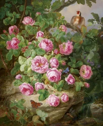 Rosenstillleben mit Schmetterlingen und Vogel